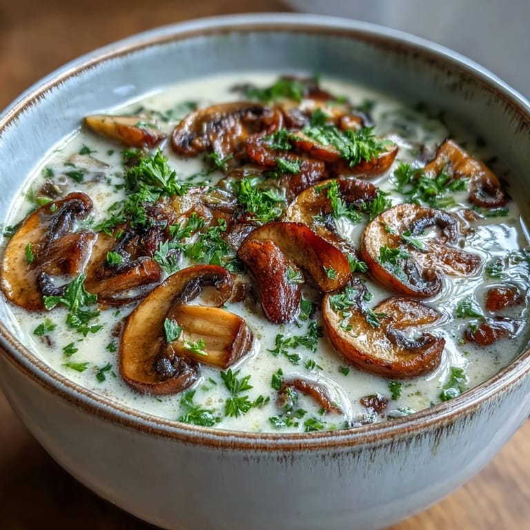 Earthy mushroom soup simmering in a pot, highlighting browned cremini and shiitake mushrooms for a cozy meal.