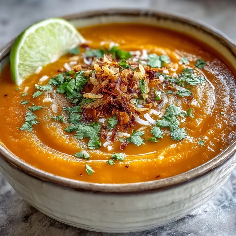 A steaming bowl of Carrot and Coconut Soup shows a smooth orange texture, with lime wedges on the side.