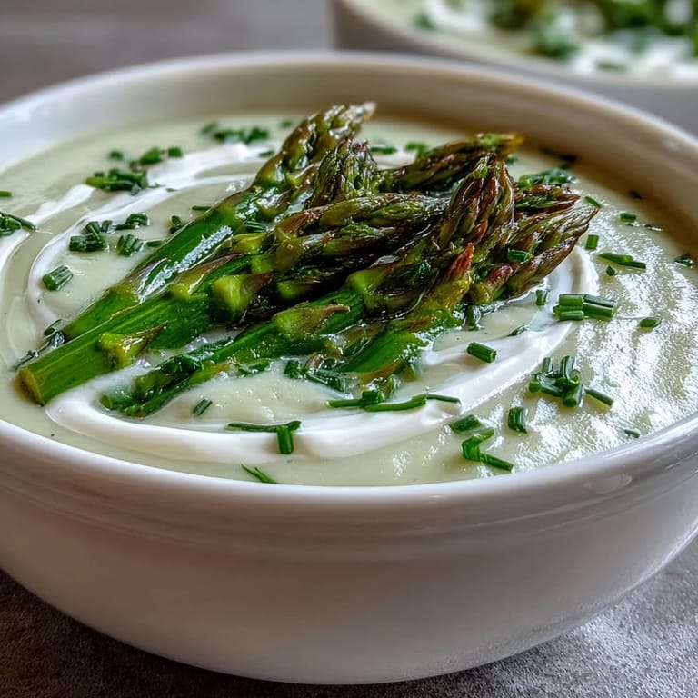 A bowl of creamy Asparagus Soup, made with fresh leeks and potato, topped with blanched tips.