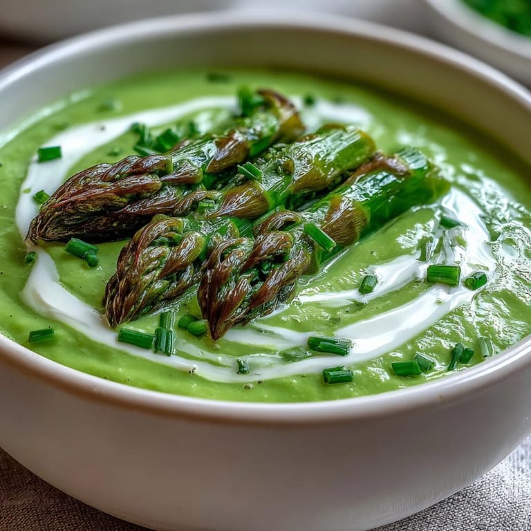 Steaming hot Asparagus Soup in a rustic bowl, garnished with chives and a swirl of cream.
