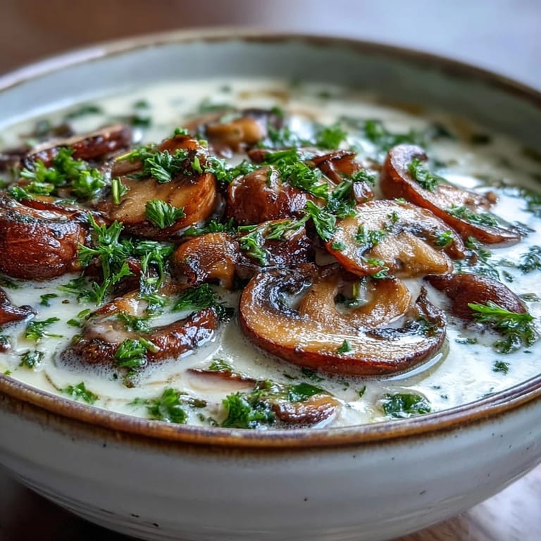 A steaming bowl of homemade mushroom soup with sautéed vegetables and a swirl of rich cream.