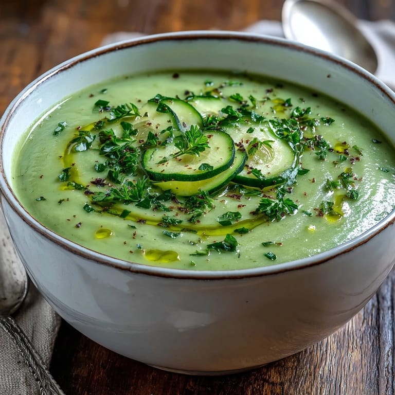 A ladle of smooth Zucchini Soup being poured into a bowl, showcasing its bright, light green color and silky texture.