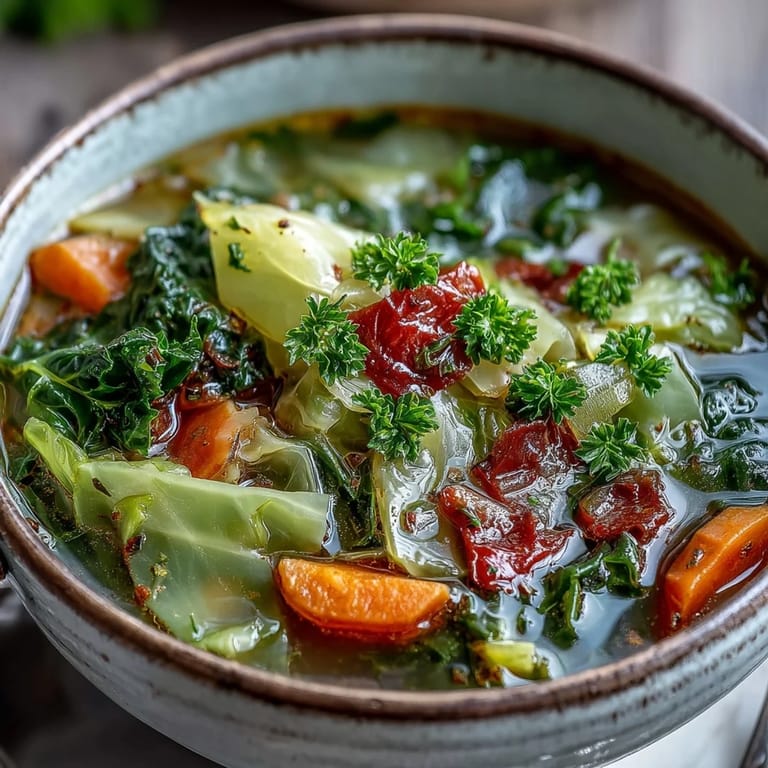 Hearty Cabbage Soup simmering in a large pot, filled with chopped cabbage, carrots, and tomatoes.