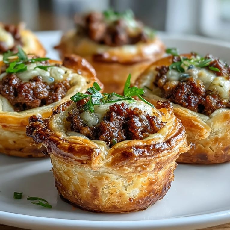 A close-up of Mini Beef Tourtières, revealing the savory ground beef filling and flaky pastry layers.