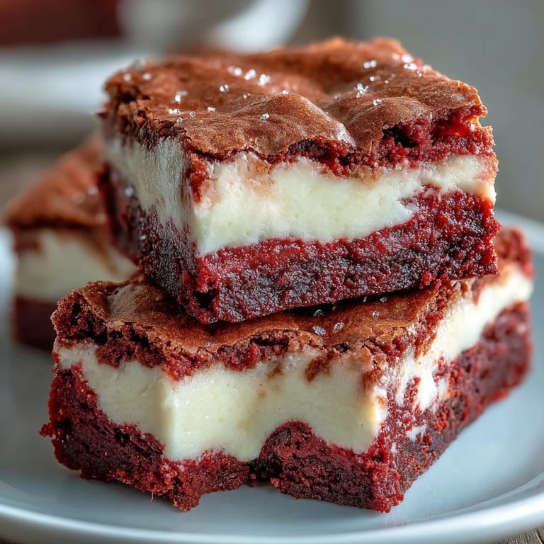 Warm Red Velvet Cheesecake Brownies on a cooling rack, highlighting moist texture and marbled red and white layers.