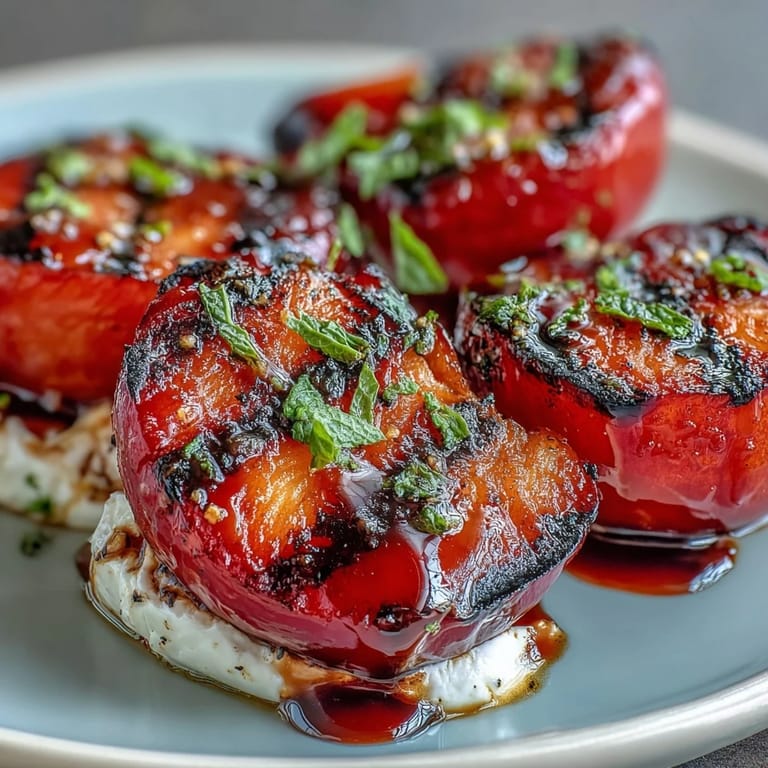 Juicy grilled plum halves with melted goat cheese, balsamic glaze, and fresh herbs for an elegant appetizer.