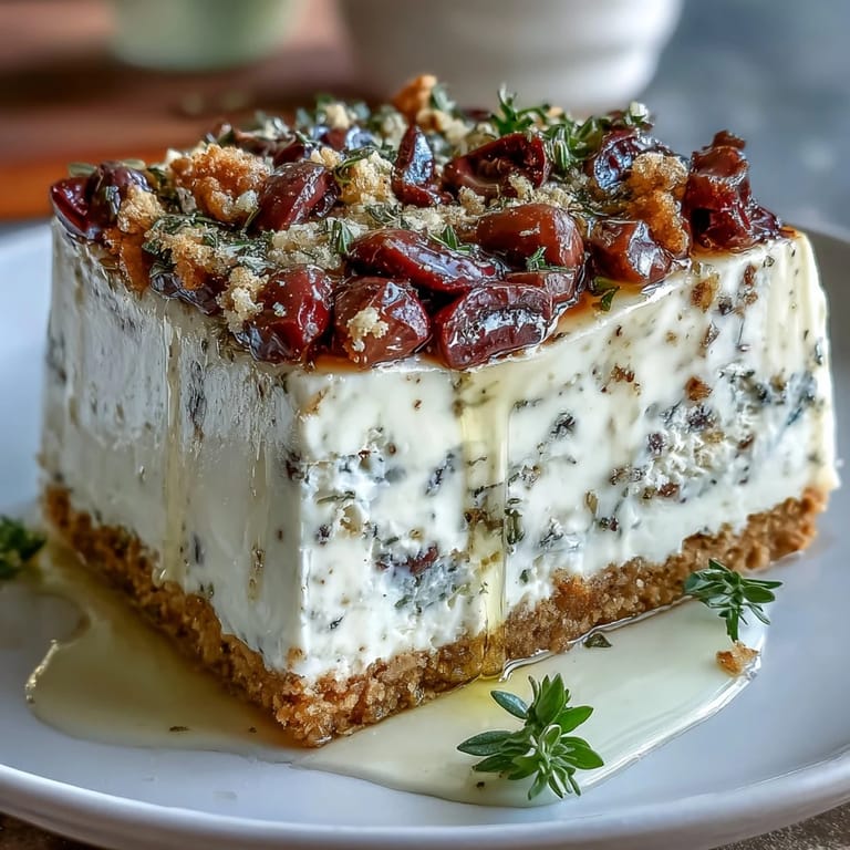 Creamy Kalamata Cheesecake Appetizer wedges plated on white ceramic with extra olives nearby.