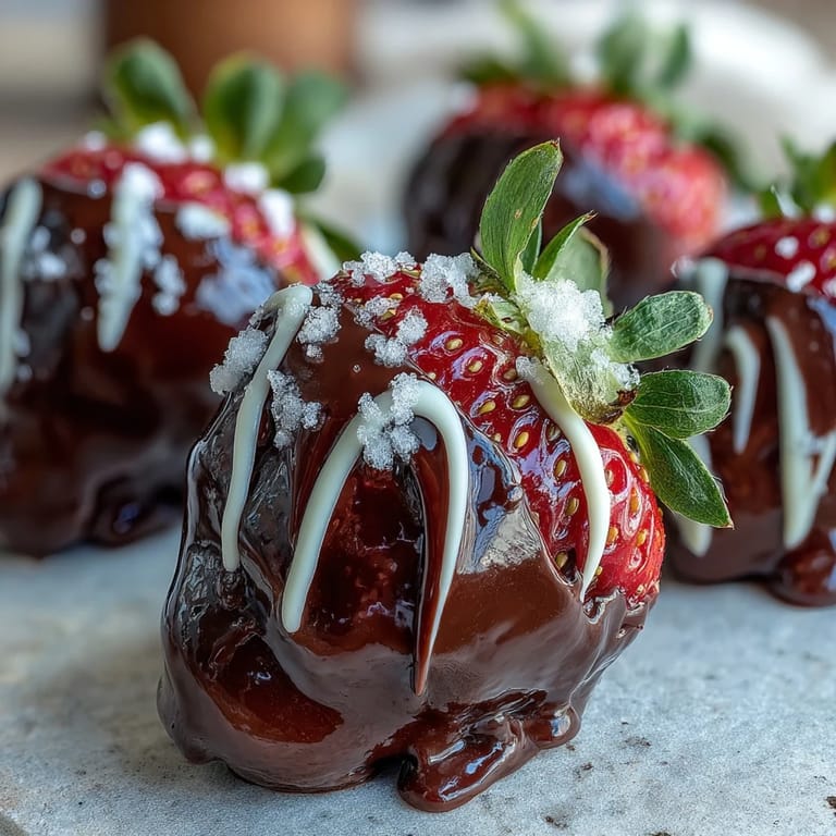 Fresh strawberries dipped in dark chocolate, sprinkled with chopped nuts and coconut, ready for a romantic serving suggestion.