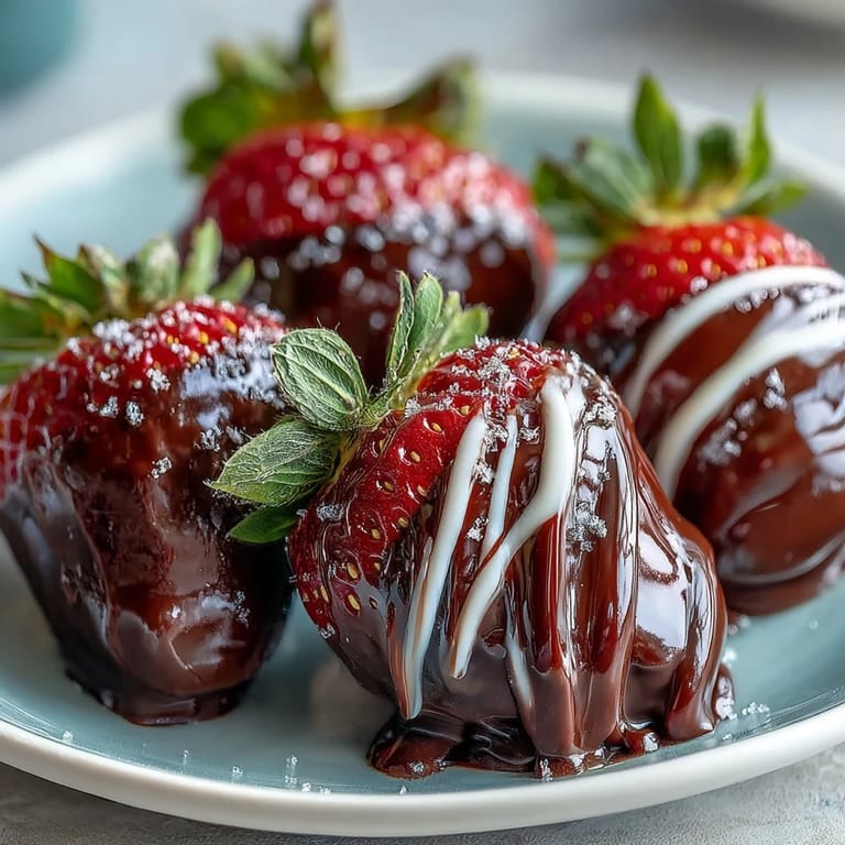 Close-up of homemade chocolate-covered strawberries with stems, showcasing a rich cocoa coating on a white ceramic plate.