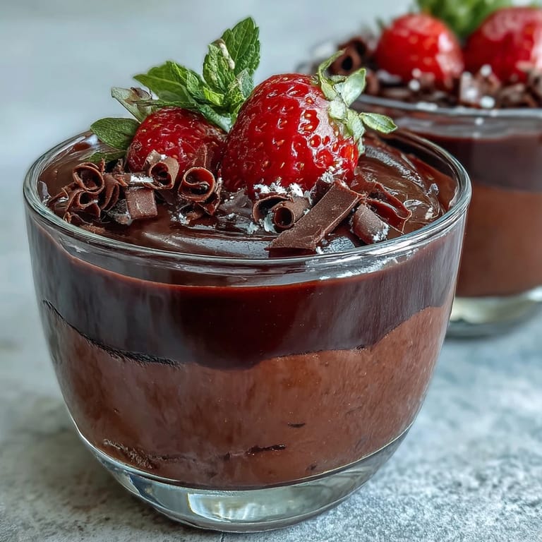 Chocolate-Covered Strawberry Mousse dessert in clear glasses with a rich, layered look and mint garnish.