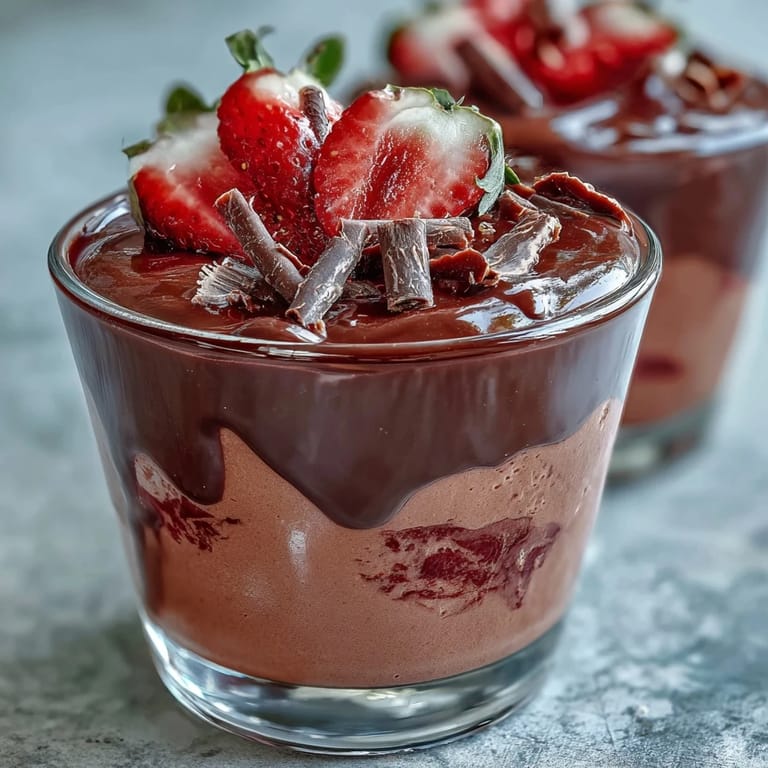 Decadent Chocolate-Covered Strawberry Mousse topped with shaved chocolate and fresh strawberry halves for an elegant treat.