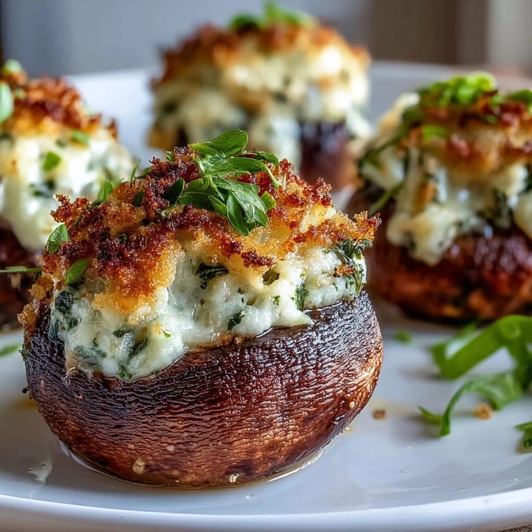 Warm Stuffed Asiago-Basil Mushrooms served on a white plate, perfect for an Italian-inspired appetizer.