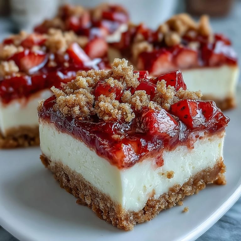 Slice of Strawberry Cheesecake Bars revealing creamy filling, juicy berries, and a buttery graham cracker crust.
