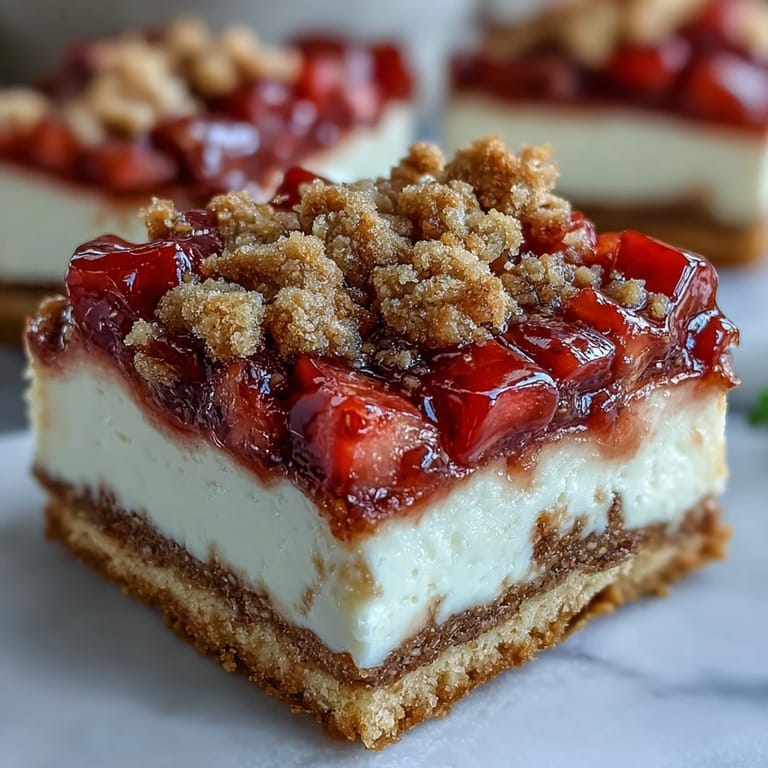 Warm Strawberry Cheesecake Bars served on a dessert plate with a dollop of whipped cream.