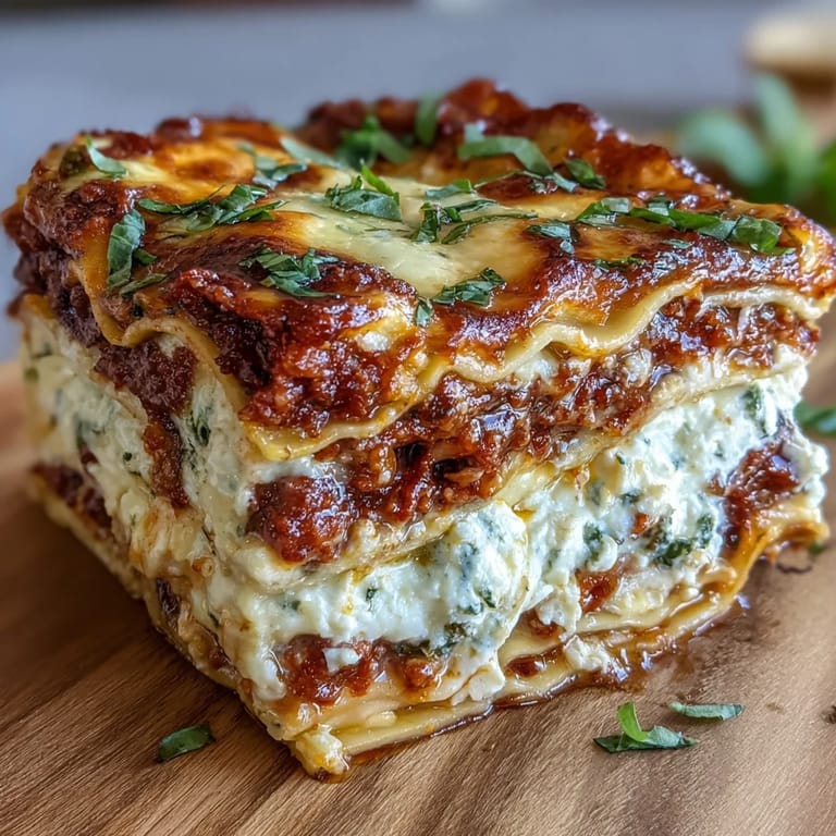 Slices of Worlds Best Lasagna are plated with fresh basil, revealing hearty layers of pasta, sausage, and marinara sauce.