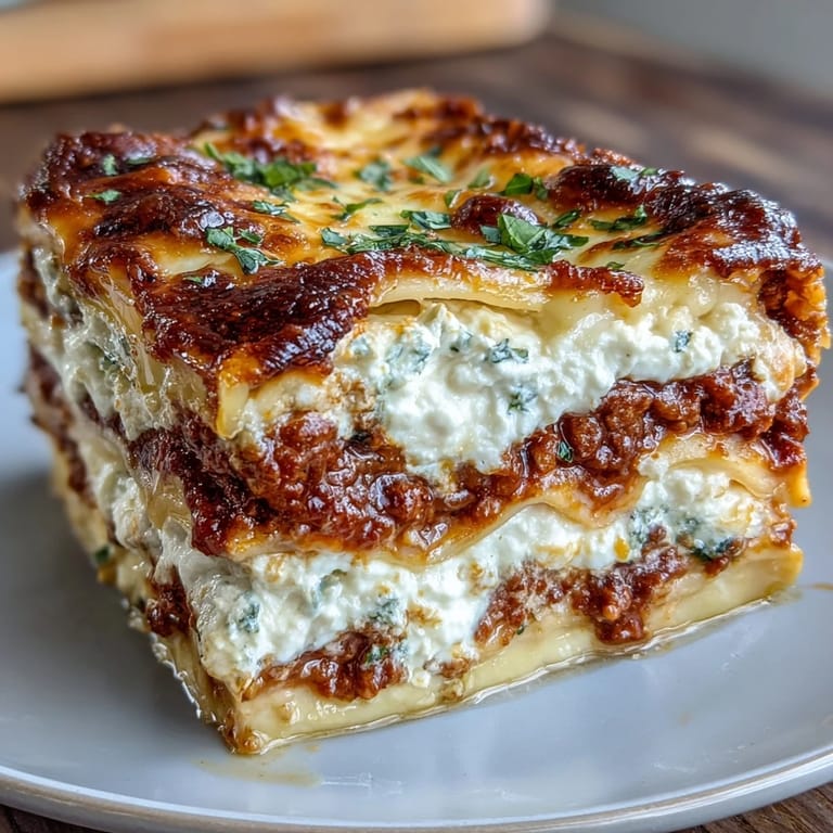 A serving of Worlds Best Lasagna with melted mozzarella and Parmesan, perfect for a cozy Italian family-style dinner.