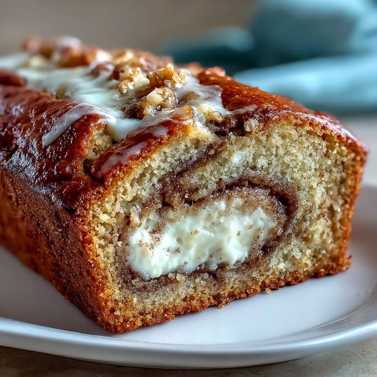 Moist Cream Cheese Cinnamon Swirl Banana Bread loaf cut to reveal creamy layers and a rich cinnamon sugar ripple.