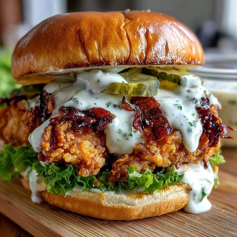 Spicy Chicken Sandwich stacked high with juicy fried chicken, pickles, and a luscious cooling sauce on buttery brioche.