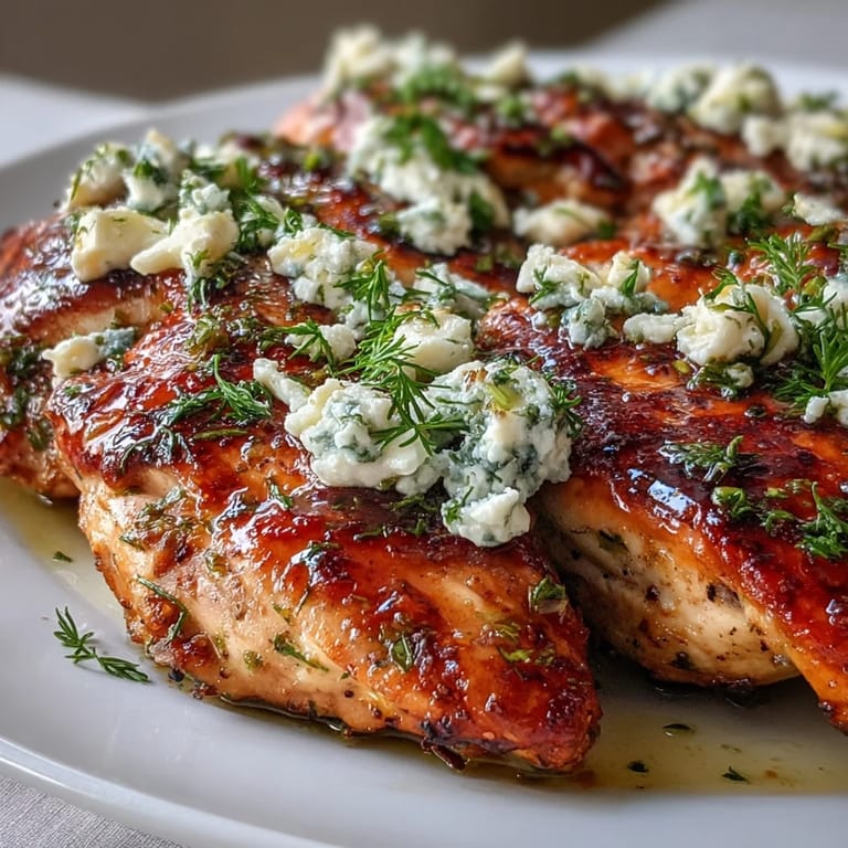 Tender Greek Chicken with Lemon and Feta drizzled with olive oil, ready to eat with salad.
