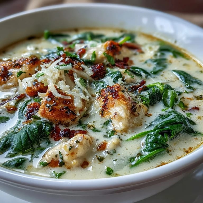 Steam rises from a cozy bowl of Garlic Parmesan Chicken Soup, featuring tender chicken pieces and vibrant green spinach.