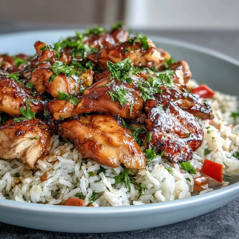 Fluffy rice and tender BBQ-glazed chicken in a skillet, topped with colorful bell peppers and peas.