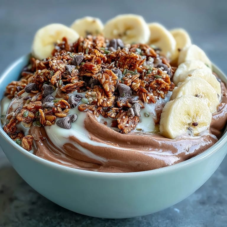 A close-up of creamy, chocolatey Chunky Monkey smoothie bowls with a drizzle of peanut butter and chocolate chips.