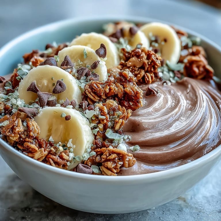 Chunky Monkey smoothie bowls in white bowls, featuring a rich cocoa base and fresh fruit toppings for breakfast.