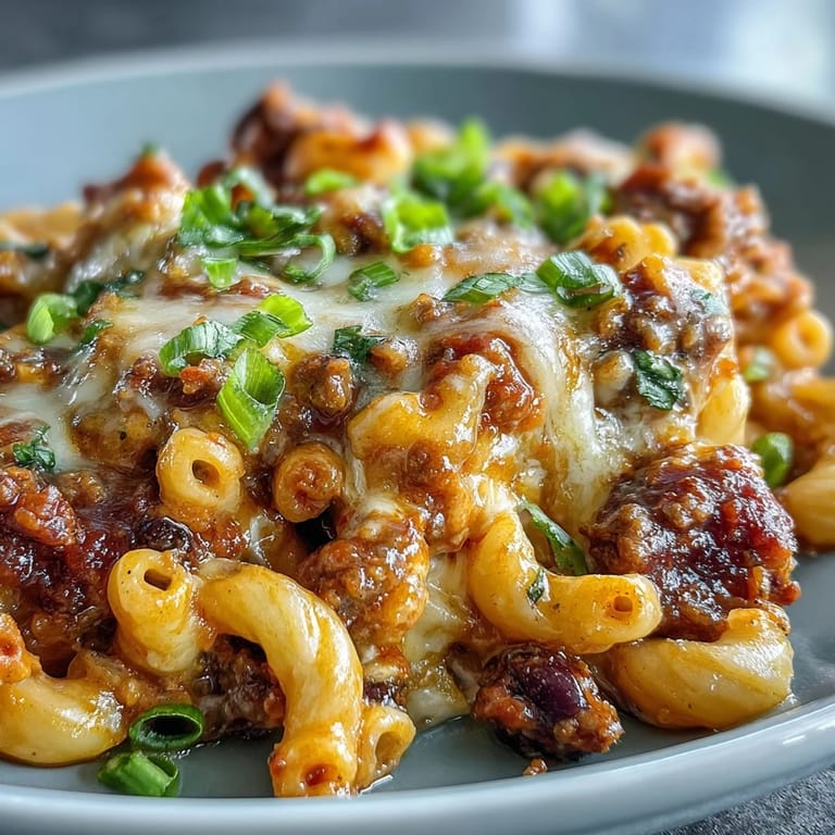 Close-up of One-Pan High Protein Chili Mac with melted cheddar and diced tomatoes, a quick weeknight family dinner.