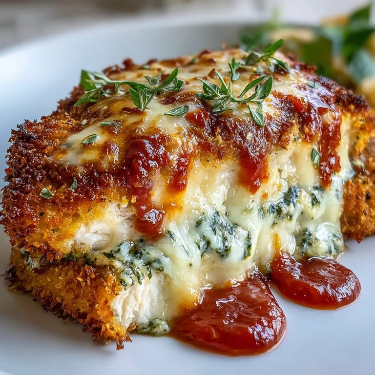 Tender breaded chicken breast covered in Pesto Chicken Parmesan, bubbling with mozzarella and Parmesan cheese.