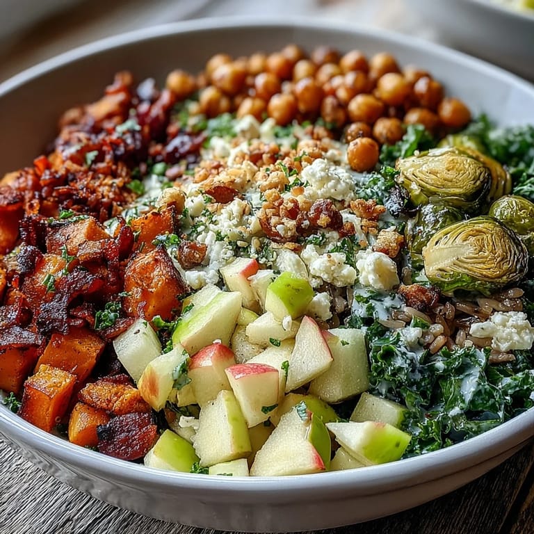 Fall Harvest Bowl plated on a wooden table, featuring wild rice, massaged kale, and crunchy chickpeas with a vinaigrette drizzle.