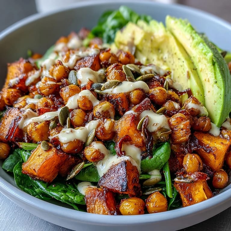 Vibrant Roasted Sweet Potato and Chickpea Bowl topped with sliced avocado, pumpkin seeds, and fresh cilantro.
