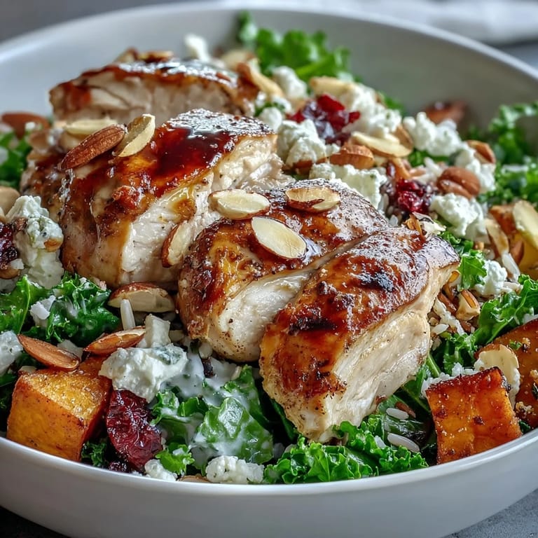 Vibrant Harvest Bowl topped with tender chicken, crisp apples, toasted almonds, and creamy goat cheese with balsamic glaze.