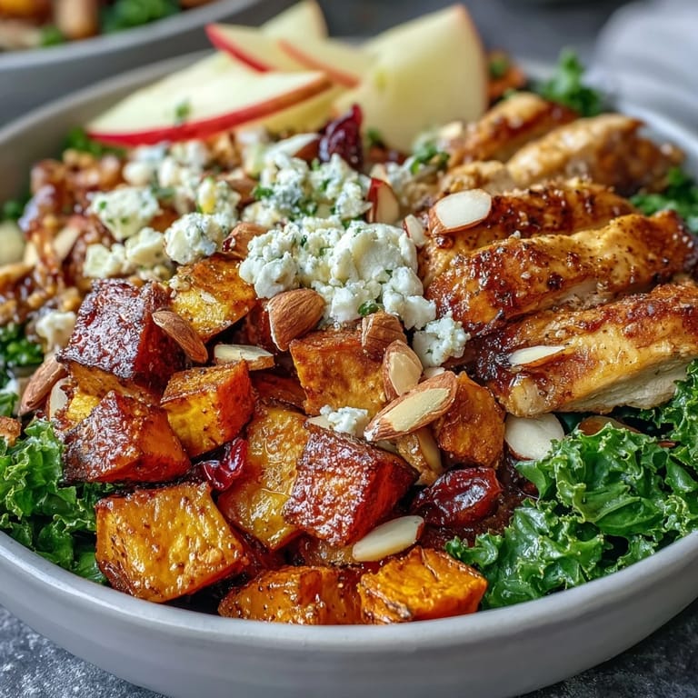 Sliced almonds add crunch to this warm Fall Sweet Potato Harvest Bowl, drizzled with tangy balsamic vinaigrette for a perfect autumn meal.