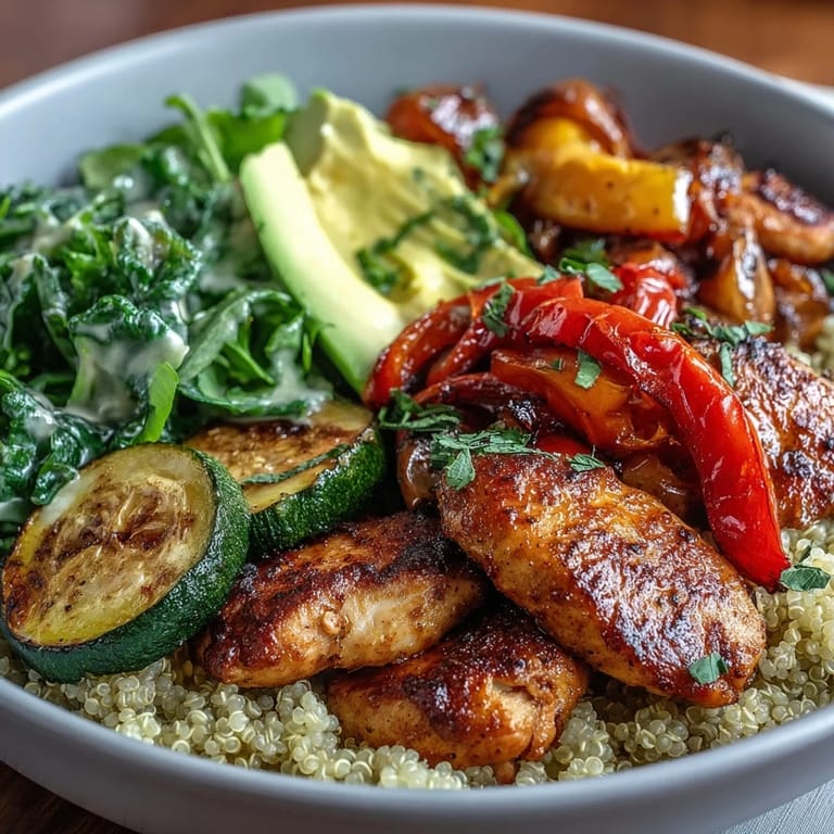 Fluffy quinoa base holds smoky roasted vegetables, crisp greens, and bright lemon salad in this nourishing bowl.
