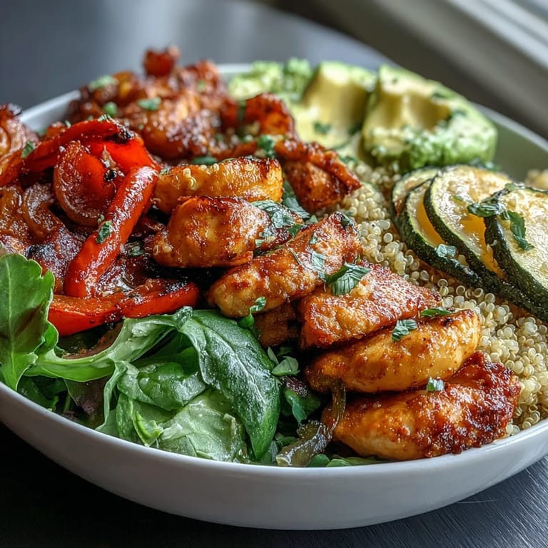 A hearty Paprika Roasted Vegetable Quinoa Bowl served with golden chicken, sliced avocado, and parsley garnish.