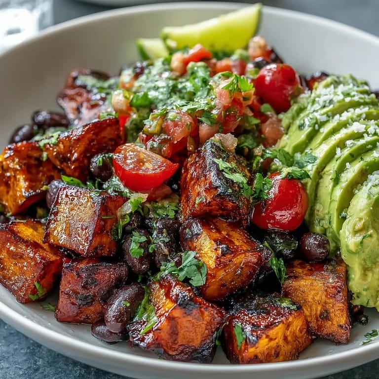 Vibrant Sweet Potato and Black Bean Bowl garnished with lime wedges, cherry tomatoes, and a drizzle of zesty lime dressing.