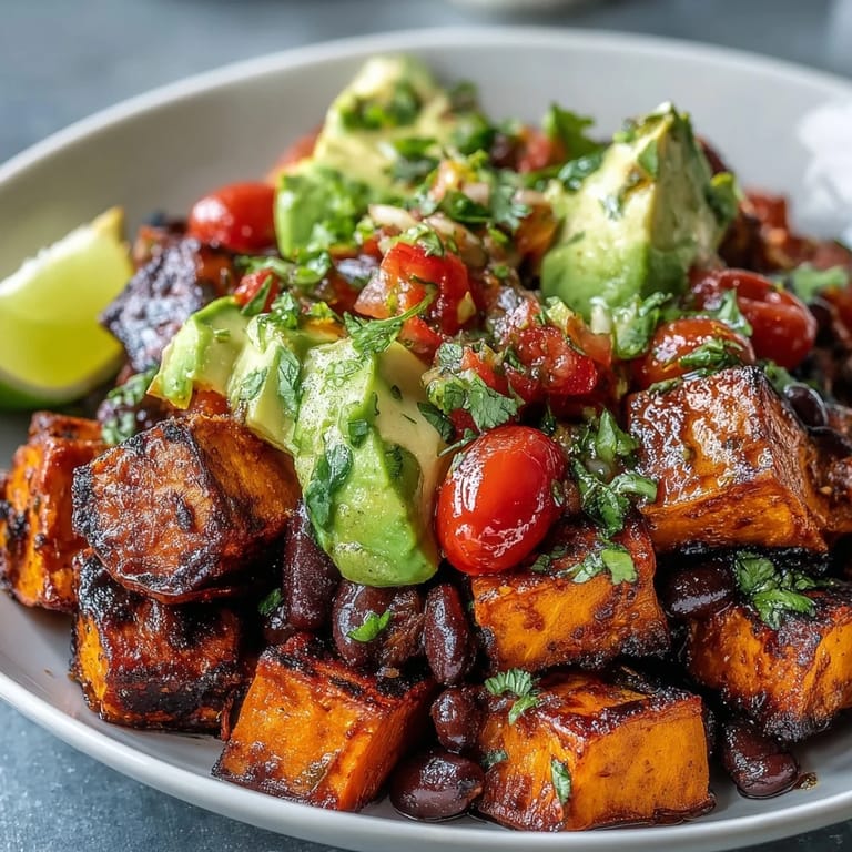 Close-up of Sweet Potato and Black Bean Bowl topped with creamy avocado, fresh salsa, and cilantro on a rustic wooden table.