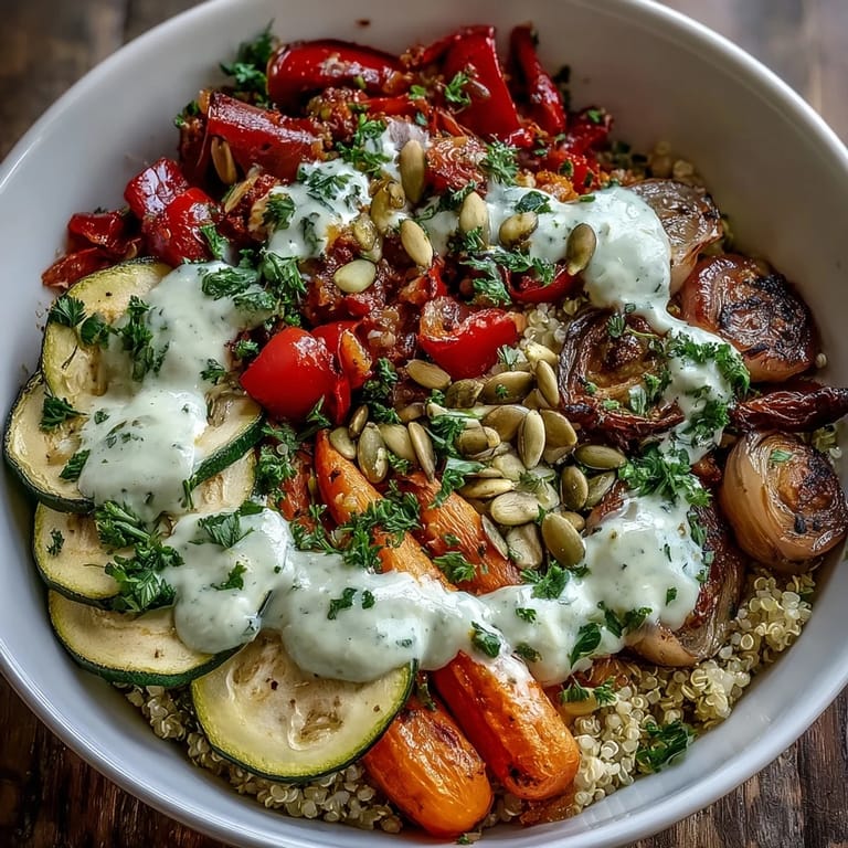 Golden-brown sheet pan veggies and fluffy quinoa are combined in a Roasted Vegetable Quinoa Bowl, drizzled with tangy lemon tahini sauce and topped with crunchy pumpkin seeds.