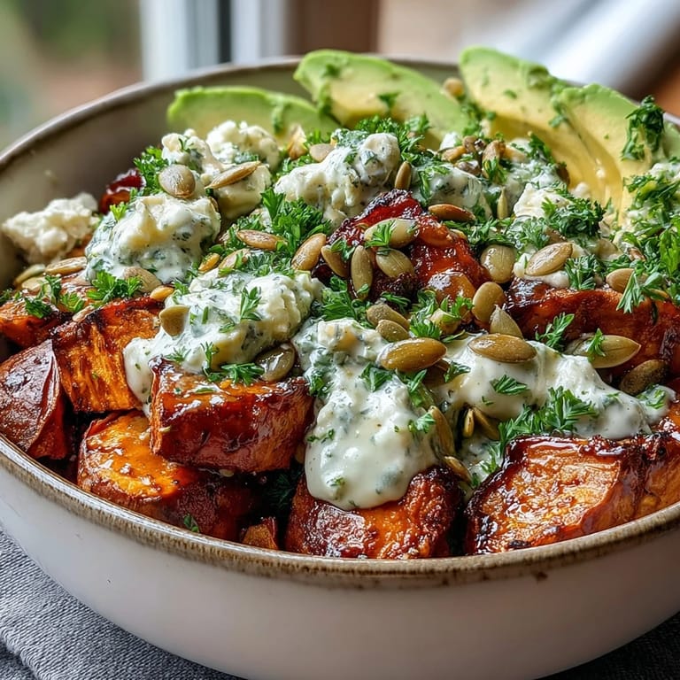 Close-up of a Hot Honey Sweet Potato Bowl showing creamy avocado, cottage cheese, and spicy-sweet hot honey drizzle.