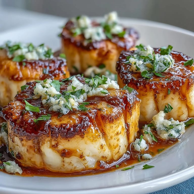 Tender sea scallops cooked in a fragrant lemon butter sauce, offering a fresh and luxurious seafood main course.