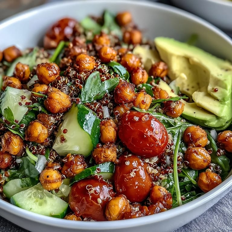 Vibrant Vegetarian Grain Bowl with Roasted Chickpeas, Crisp Veggies, and Zesty Lemon Vinaigrette Dressing