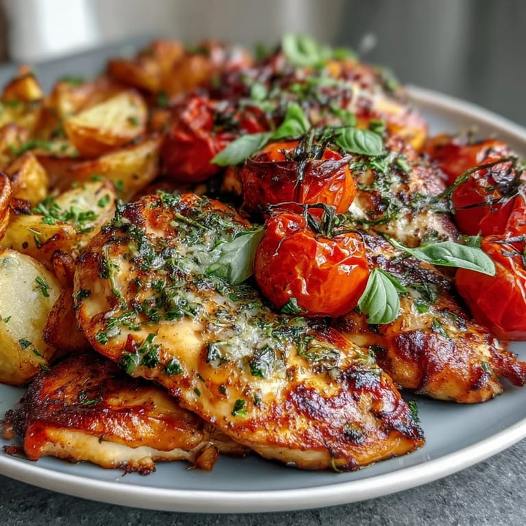 Spring Dinner Sheet Pan Chicken with Zucchini and Cherry Tomatoes - colorful one-pan dinner featuring perfectly cooked chicken, caramelized zucchini, and bursting cherry tomatoes, finished with fresh basil for an easy spring feast.