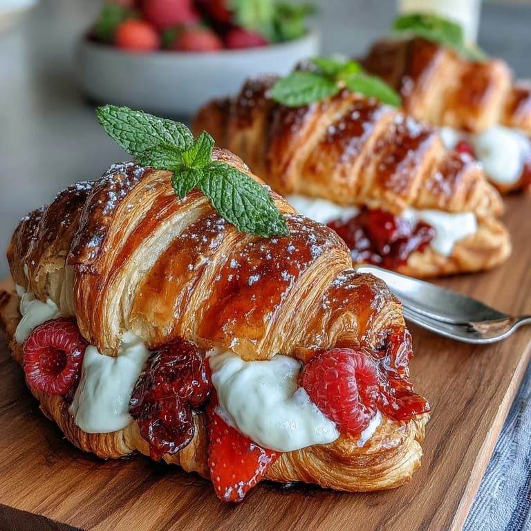Elegant Mother's Day brunch board with buttery croissants, colorful fruit, and champagne mimosas for a festive morning.
