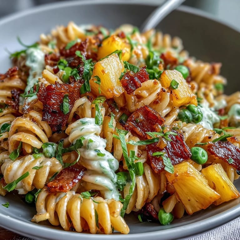 Creamy ranch-dressed pasta salad with sweet pineapple and savory ham, bursting with tropical flavor.  