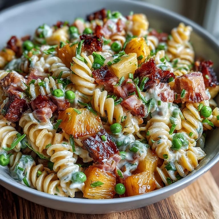 Refreshing Hawaiian pasta salad featuring tender ham, juicy pineapple, and crunchy vegetables in ranch dressing.