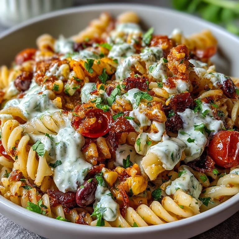 Refreshing Easy Taco Pasta Salad featuring creamy lime dressing, fresh cilantro, and a medley of vegetables, ideal for outdoor dining.