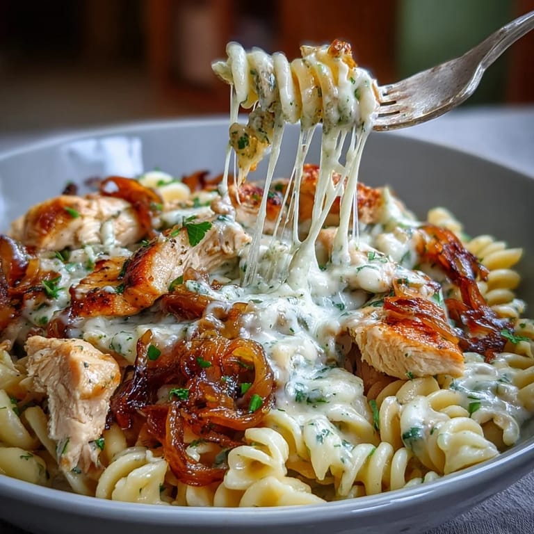 One-Pot French Onion Chicken Pasta featuring tender chicken, golden onions, and bubbling cheese in a cozy skillet dinner.