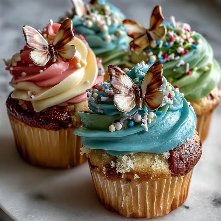 Whimsical cupcakes with swirled pastel buttercream and charming butterfly toppers—perfect for Easter or garden parties.  