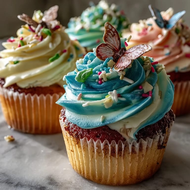 Soft vanilla cupcakes adorned with colorful buttercream swirls and whimsical butterfly accents for a festive springtime dessert.