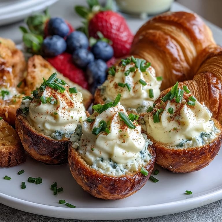 Vibrant Easter brunch platter with classic deviled eggs, juicy berries, citrus slices, and flaky croissants—perfect for a cheerful holiday gathering.